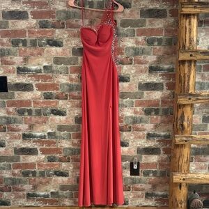 La Femme Red One-Shoulder Prom Gown with Crystal Trim